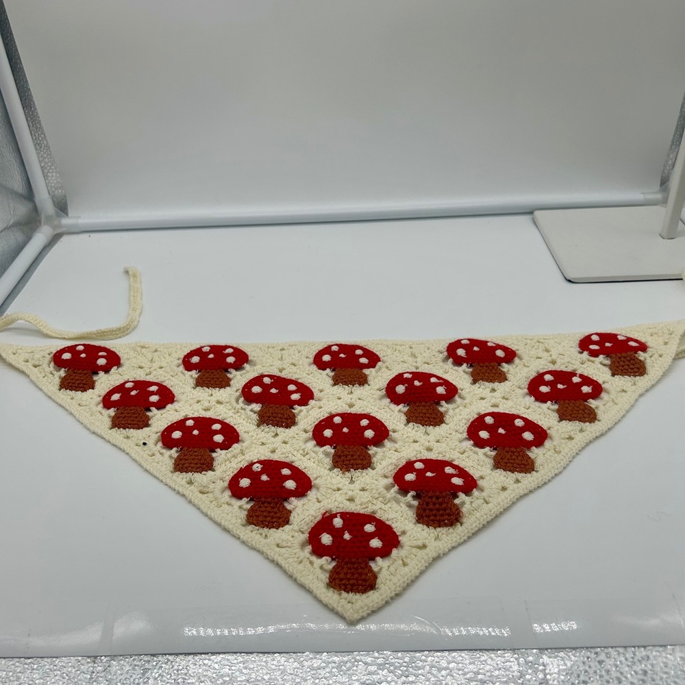 Crochet Mushroom Bandana‎ Headscarf Cream Red Toadstool Boho Festival - Picture 4 of 5